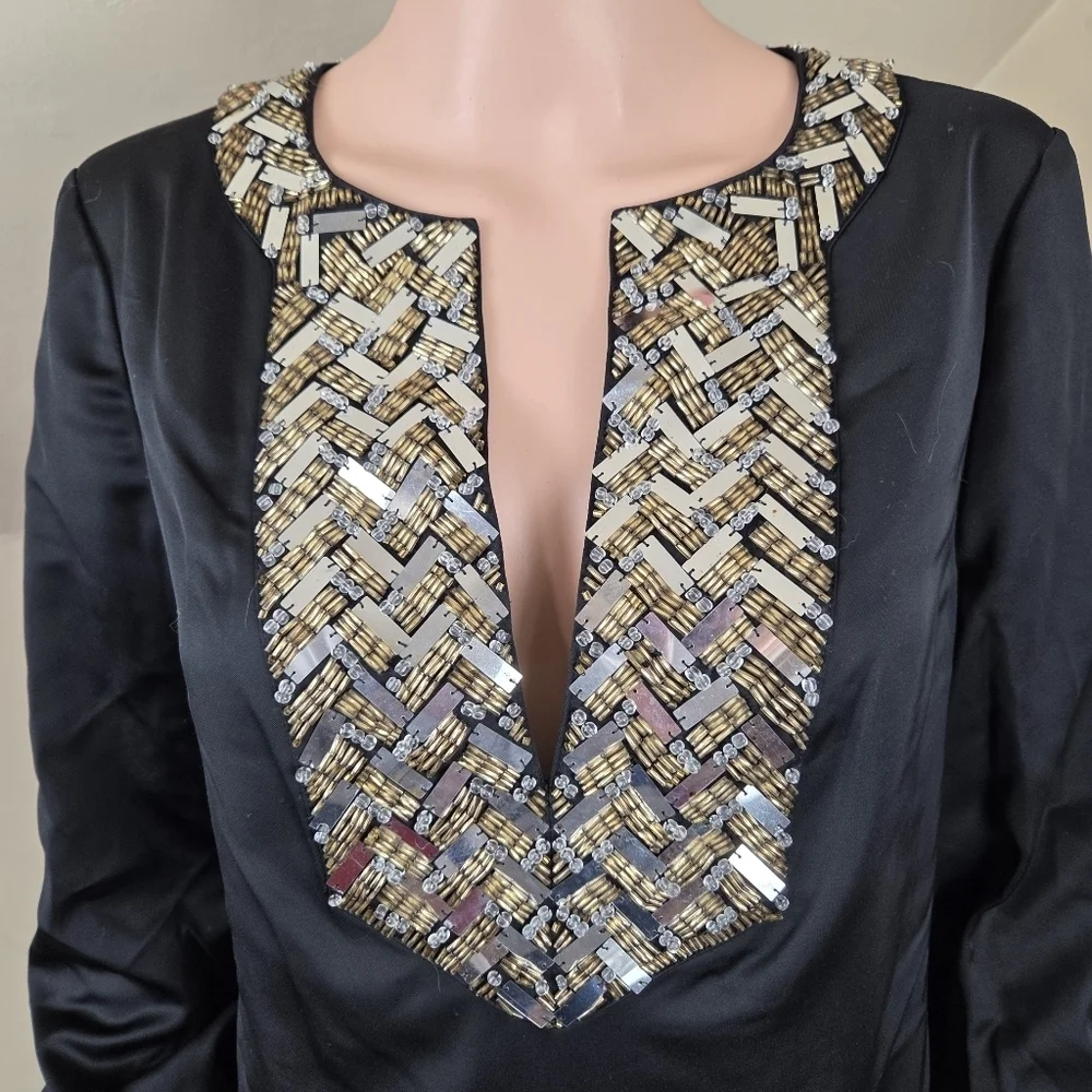 Tory Burch Black Embellished Shift Dress Size 8 Long Sleeve Beaded Neckline
